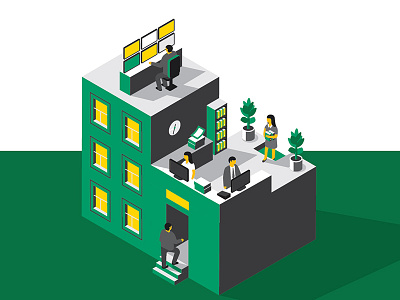 Office. Isometric. gray green house illustration infographics isometric office people yellow