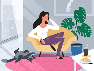 Girl with a cat cat character character design flat design illustration interior room