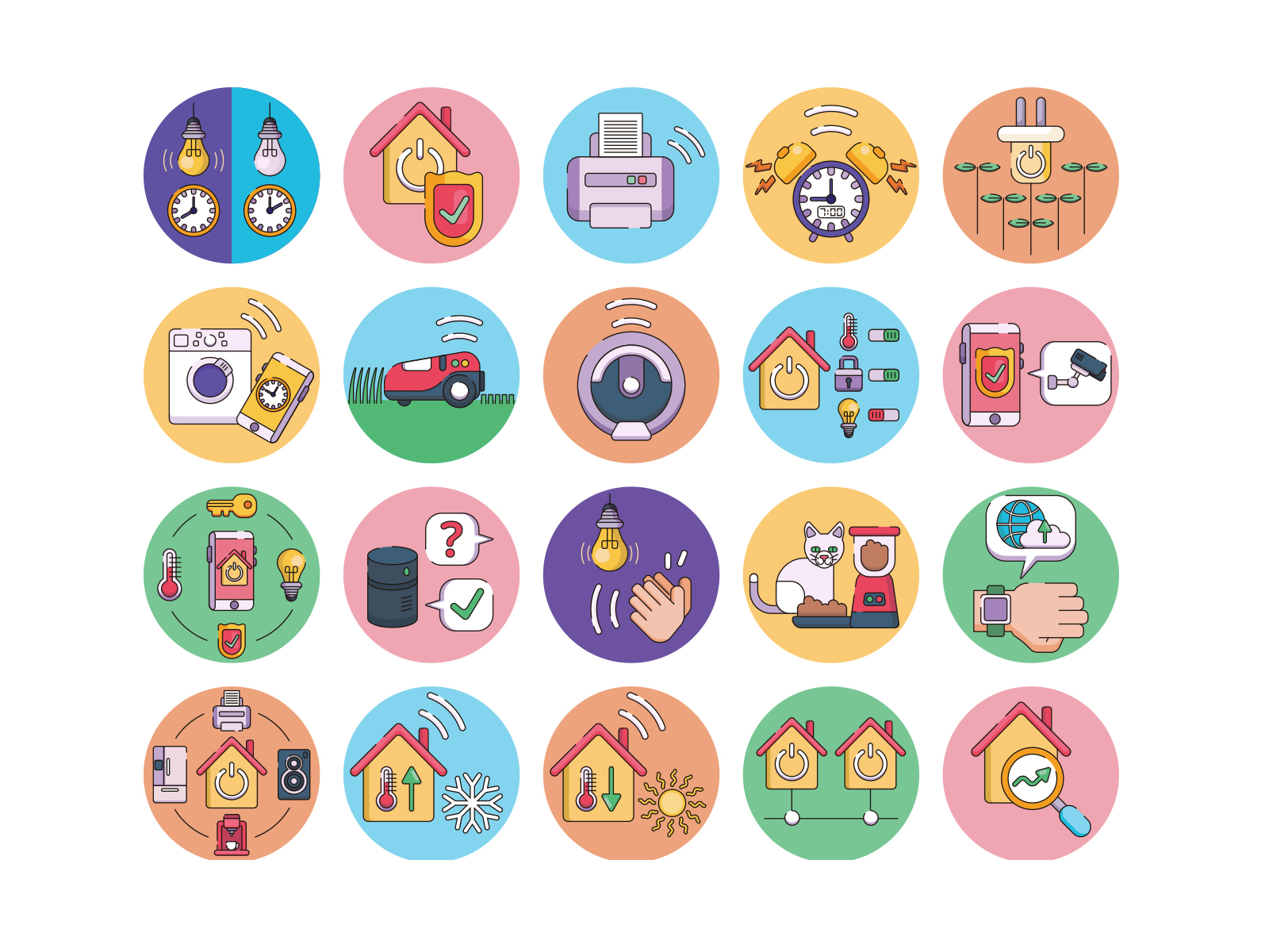 Iot smart devices icons iconset illustrations internet of things network smart clock smart lightning smart temperature technology vectors voice controller