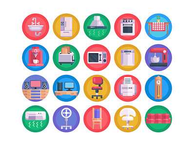 Furniture Icons coloured icons flat icons furniture icon icons icons pack microwave oven office chair printer sofa toaster vector vectors ventilator