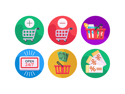 Supermarket Icons add to basket add to cart cart coloured icons coupons flat icons icon icons icons pack remove from cart shopping basket shopping cart vector vectors