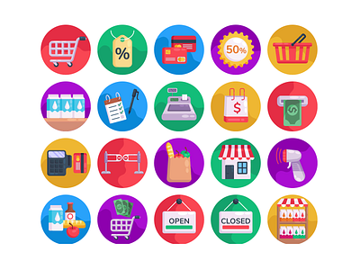 Supermarket Icons coloured icons ecommerce flat icons icon icons icons pack shopping bag shopping basket shopping cart supermarket vector vectors