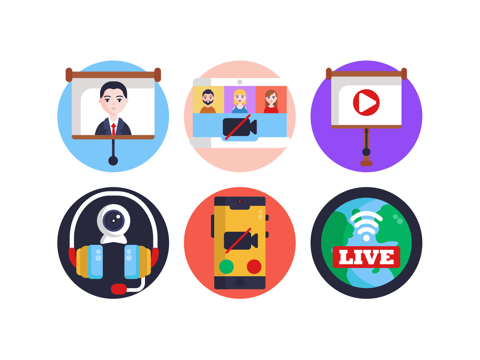 Video Conference and Streaming Icons coloured icons flat icons icon icons icons pack illustration vector vectors