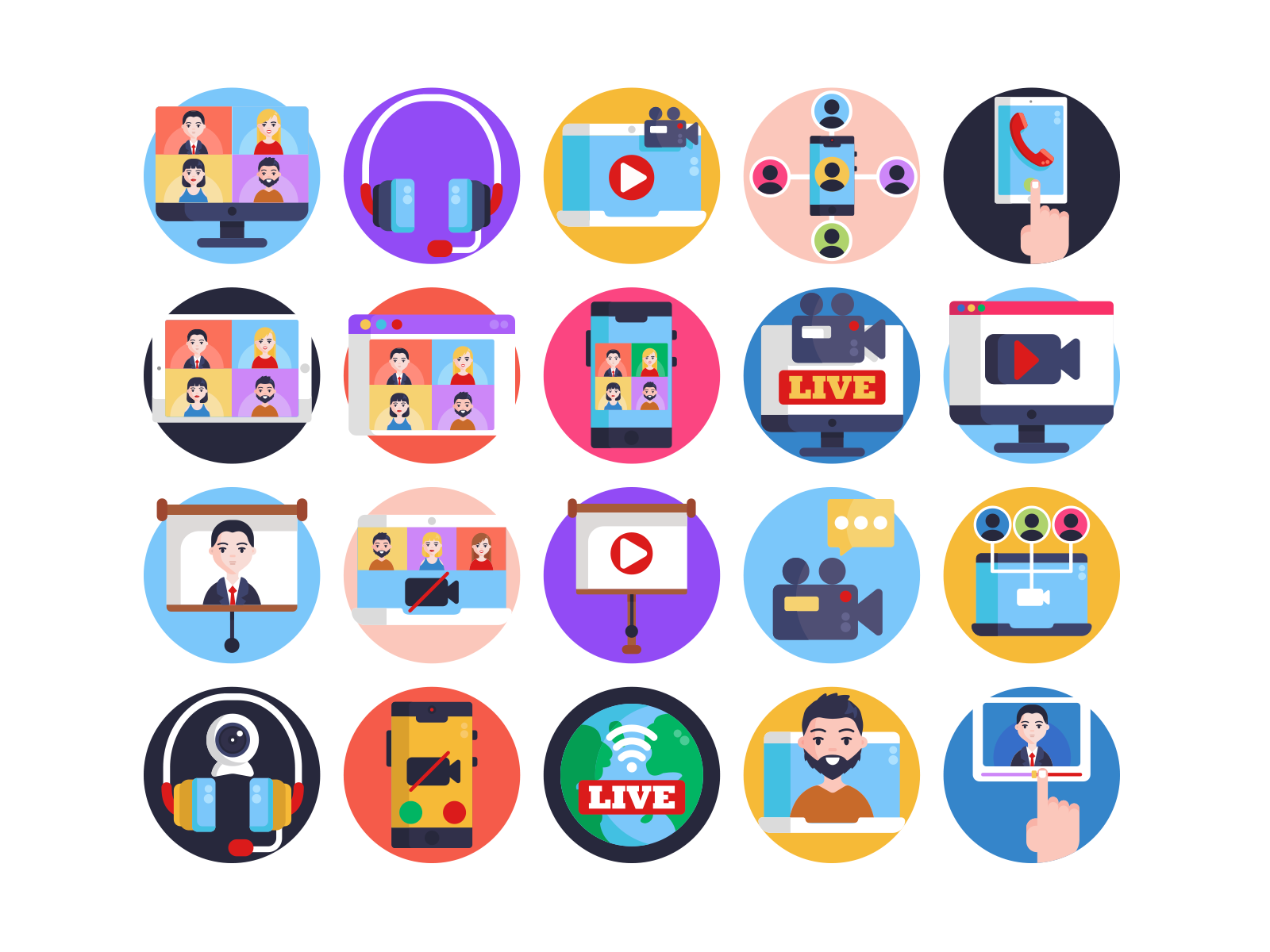 Video Conference and Streaming Icons coloured icons design flat icons icon icons icons pack illustration vector vectors