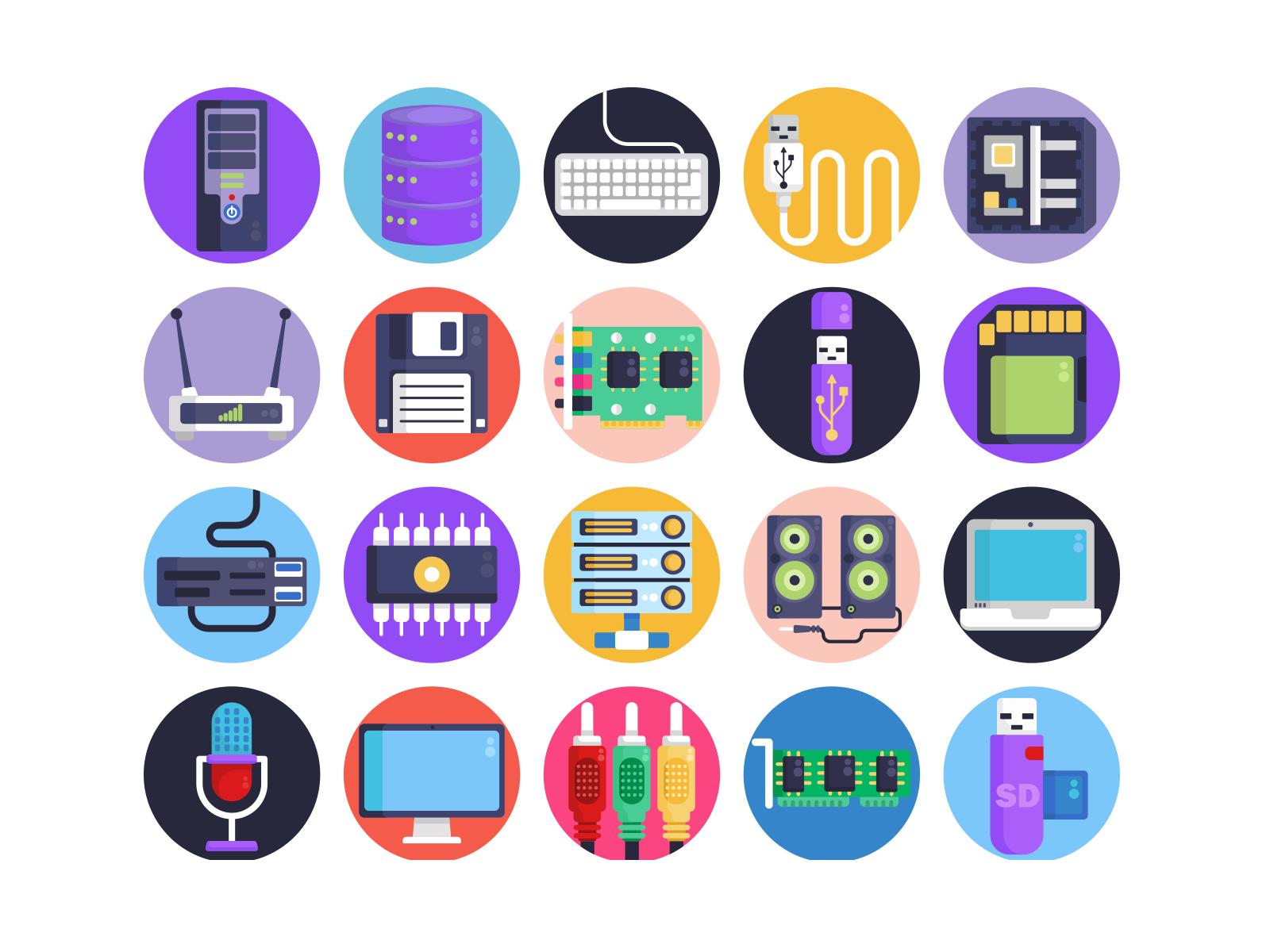 Computer Hardware Icons coloured icons computer cpu flat icons floppy disk hardware icon icons icons pack illustration monitor pc screens ssd vector vectors