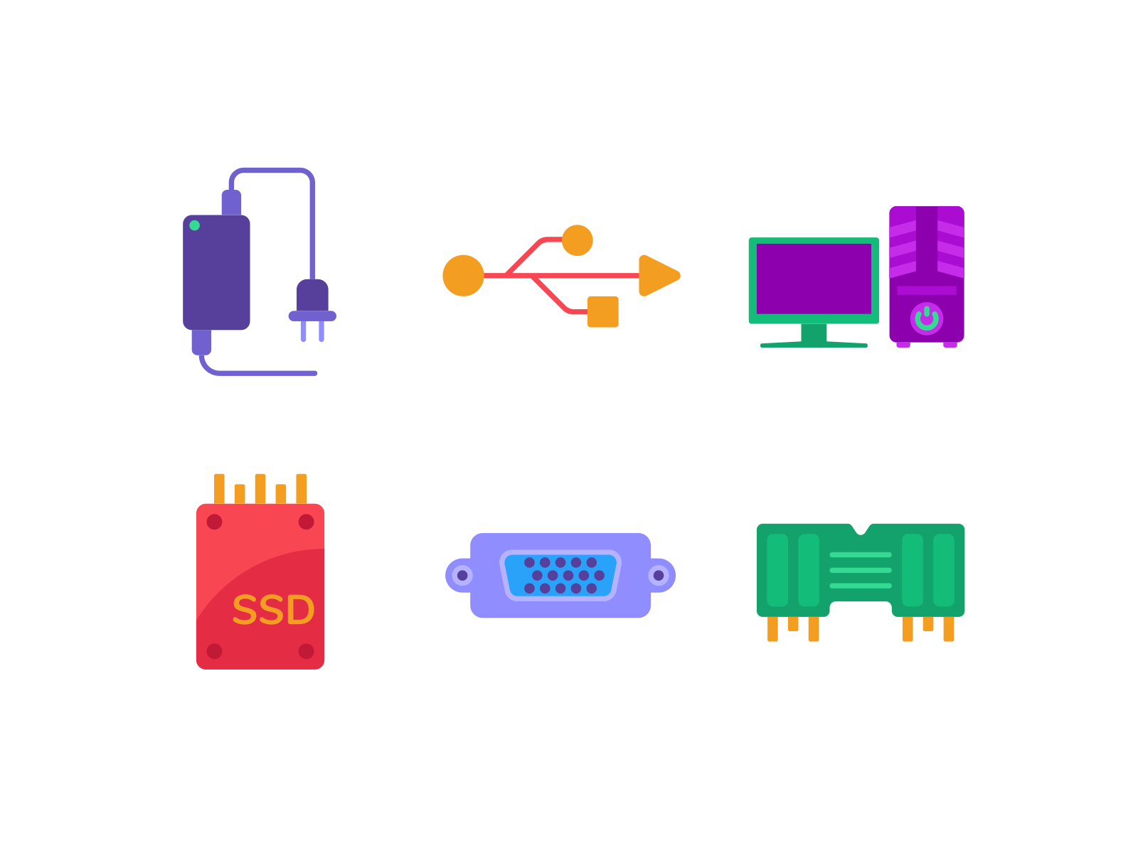 Colorful Computer Hardware Color Icons charger coloured icons computer hardware desktop computer flat icons hdmi icon icons icons pack port ssd vector vectors