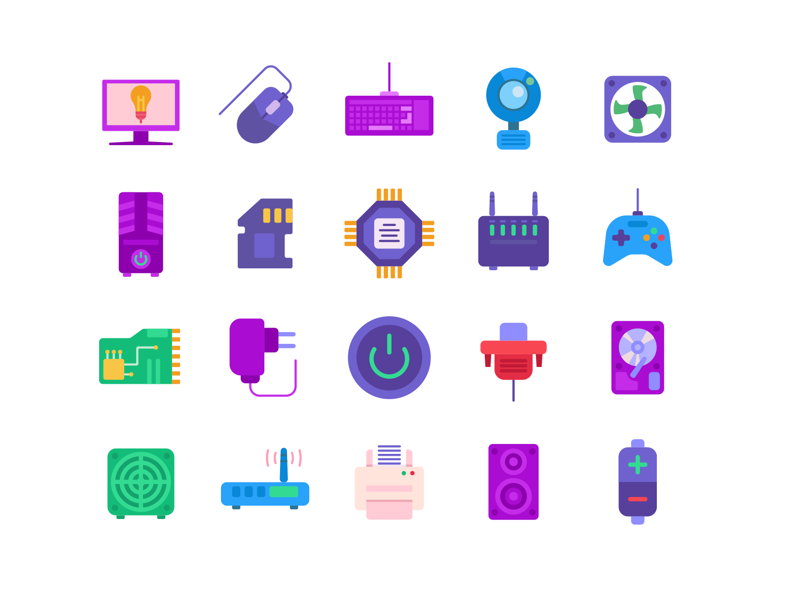 Computer Hardware Color Icons coloured icons desktop computer flat icons icon icons icons pack microprocessor monitor mouse storage transmitor ui vector vectors