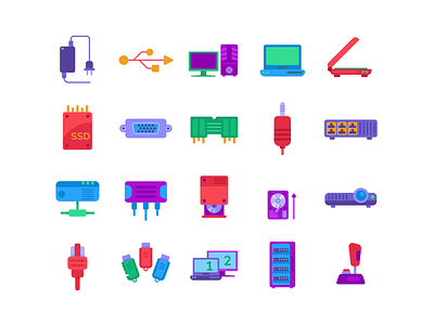 Computer Hardware Color Icons cables coloured icons computer computer parts flash disk flat icons floppy disk hardware hdmi port icon icons icons pack projector storage transmittors vector vectors
