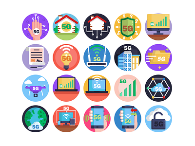 5G Icons 5g 5g connection cloud storage coloured icons connection drone flat icons folder icon icons icons pack internet password smart car smart home technology vector vectors