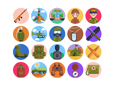 Army Icons aeroplane amunition army binoculars bullet coloured icons compass diving mask flat icons gun icons military military base military truck target tent vector vectors war waterbottle