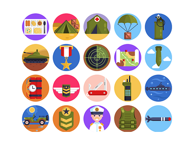 Army Icons army bullet proof vest coloured icons flat icons icon icons icons pack map military military badge parachute rocket submarine tear gas tent vector vectors walkie talkie