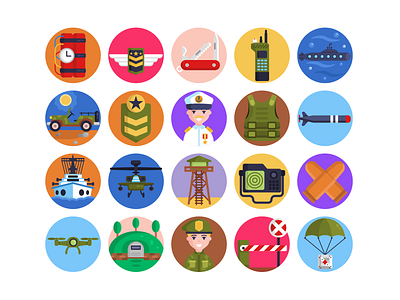 Army Icons bomb bullet camera coloured icons drone flat icons icons knife military badge military base parachute submarine vector weapon