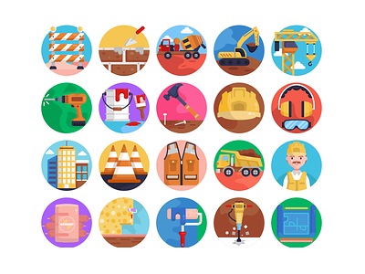 Construction & Building Icons bricks coloured icons construction tools contractor crane excavator flat icons helmet icon icons icons pack paint painting brush plan roller paint safety cones shovel sound proof earphone vector vectors
