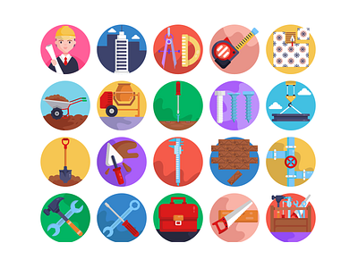 Construction & Building Icons coloured icons concrete mixer construction tool crane flat icons hammer icon icons icons pack protractor ruler saw screw driver shovel tape measure tiles tool box vector vectors wheelbarrow
