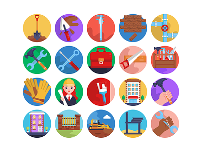 Construction & Building Icons barrier building caliper coloured icons construction tools excavator flat icons hammer icon icons icons pack shovel tool box vector vectors