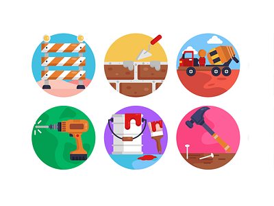 Construction & Building Icons barrier coloured icons concrete mixer construction tools flat icons hammer icon icons icons pack paint brush paint bucket shovel vector vectors