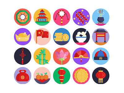 Chinese New Year Icons celebration chinese food chinese new year chinese tradition coloured icons decoration fire crackers flag flat icons hat icon icons icons pack new year vector vectors