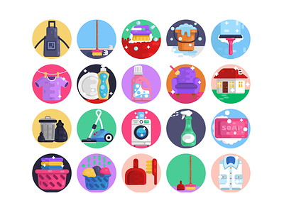 Home and Office Cleaning Icons apron brush clean cleaning coloured icons flat icons home icon icons icons pack laundry mopper office vacuum cleaner vector vectors