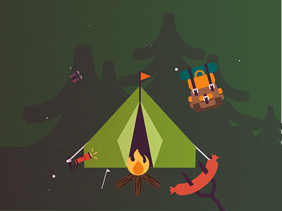 Camping scene illustration backpack boat camp camping fire flashlight illustration map