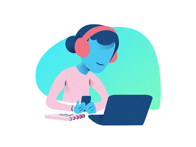 Character Listening To Music On Phone Illustration female girl homework illustration laptop music phone profile avatar icons sending message texting