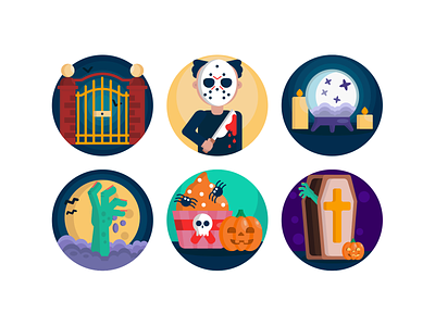 Halloween Icons cofin icons coloured icons design flat icons full moon icons halloween halloween icons halloween treats icons icons set illustration murderer icon scary icons set vector zombie icons