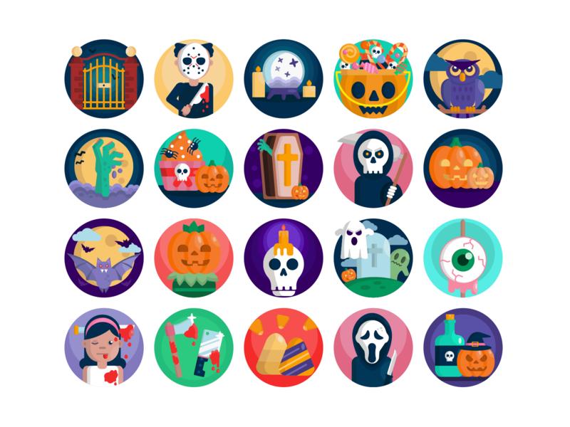 Halloween Icons badge coloured icons death vectors design flat icons halloween icons halloween pumpkin vector icon icons illustration scary icons set vector zombie icons