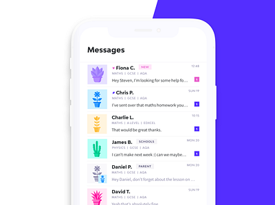 Tutor app - Messages view app design interaction message mytutor pinned ui unread user experience ux