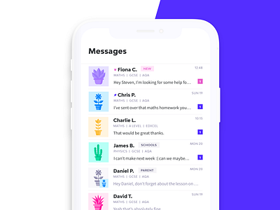 Tutor app - Messages view app design interaction message mytutor pinned ui unread user experience ux