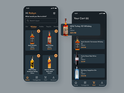 Liquor Store App - Dark Mode alcohol app dailyui darkmode design dribbble drinks explore inspiration liquor minimal popular ui uiuxdesign ux uxdesign