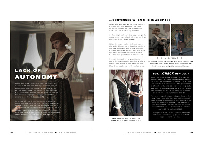 Queen's Gambit Fashion Book Design (Pgs 3-4) beth harmon book design book layout coffee table book design fashion graphic design indesign layouts magazine queens gambit typography