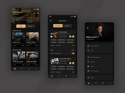 Saloon Booking, Appointment, Profile UI Design appointment booking app ios android mobile app mobile app ui design profile ui ux website ui design