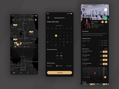 Map, Book Appointment, Saloon Detail Page UI Design android book appointment ios map mobile app ui design product detail page ui ux