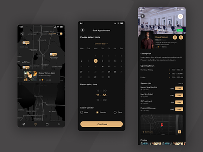 Map, Book Appointment, Saloon Detail Page UI Design