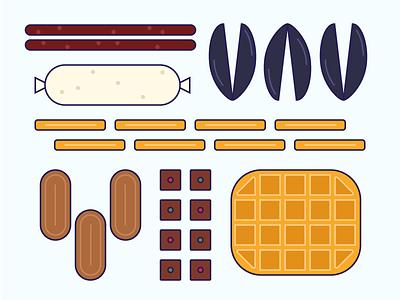Belgian belgian chocolate composition flat food french fries geometric illustration sausage waffles