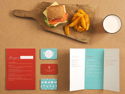 Burger Restaurant Brand Stationery blue brand business cards design leaflets mdf menu print red restaurant stationery wood