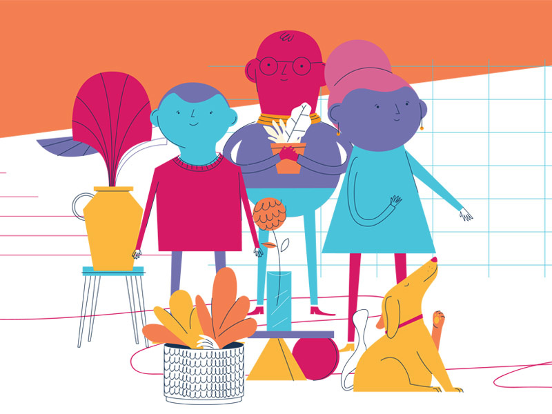 This is not a family. failed editorial flat vector illustration house stairs pots plants dog character