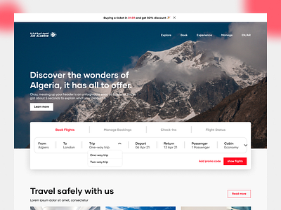 Air Algerie Website Redesign airline airport algeria bookings clean design discover fights graphic design illustration logo minimal planes safety travel typography ui ux web design website