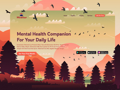 Meditar Website 3d app design graphic design health healthcare illustration lakes meditation mental health mindfulness mobile mountains sunset typography ui ux vector web website