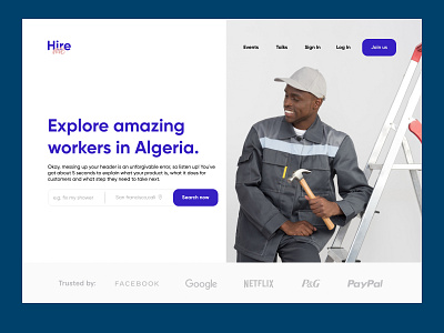Hire me exploration algeria clean engineer figma filters hire icon landing page location minimal photography plumbers purple search services trusted ui ux web design website