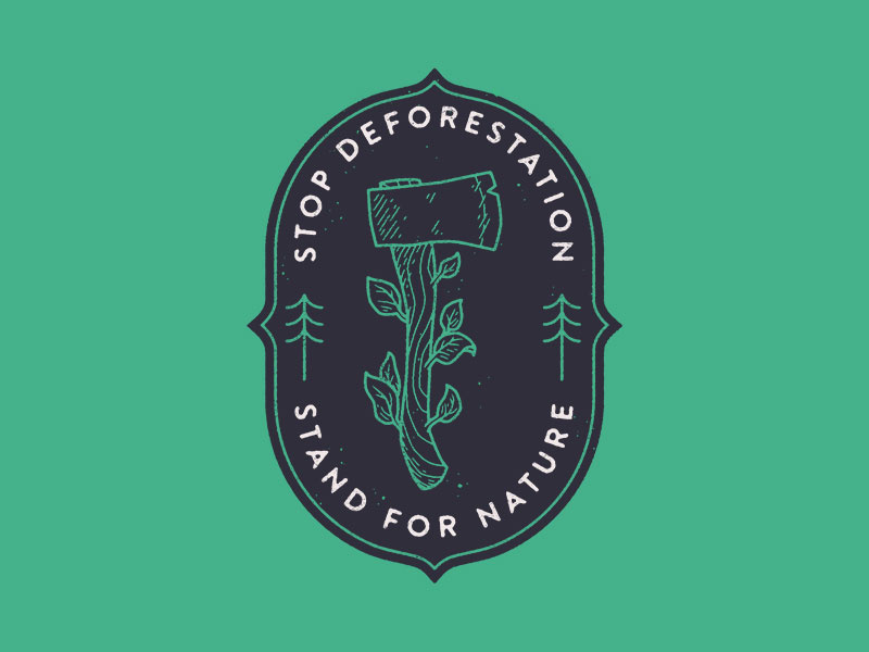 Stop Deforestation chris lago icon illustration nature leaf tree monoline logo patch badge forest axe