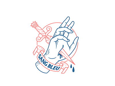 Sang Bleu badge branding dagger drawing hand drawn illustration king line work logo patch sword tattoo