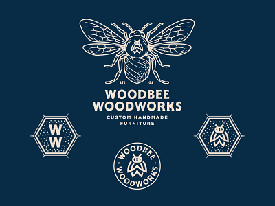 Woodbee Woodworks artwork badge bee branding design drawing graphic design hand drawn illustration lettering line logo monogram pattern typography