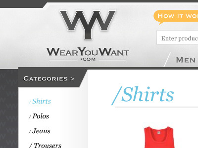 wearyouwant.com category page clothes e commerce grey header logo menu webdesign