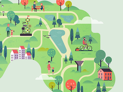 Eco Park Map bike characters eco green illustration landscape tree vector web