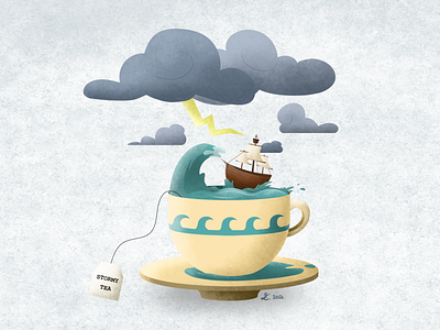 A Cup of Sea art illustration illustrator photoshop sailing ship sea skillshare storm tea teacup thunder wave