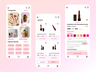 Beauty Shopping Ecommerce app app beauty beauty app cosmetics design ecommerce ecommerce app ecommerce design figma makeup minimal shopping shopping app ui