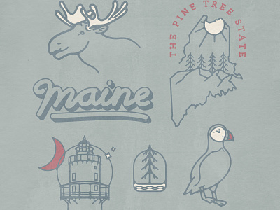 Maine Illustrations bird design illustration lettering lighthouse maine moose pine tree puffin