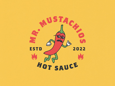 Mr. Mustachios Branding, 2022 badge brand identity branding cartoon character chili chilli design food hot hot sauce illustration logo mascot moustache mustache pattern pepper sauce spicy