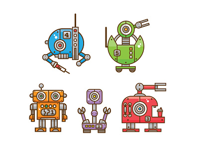 Five Robots illustration lineart robots scifi