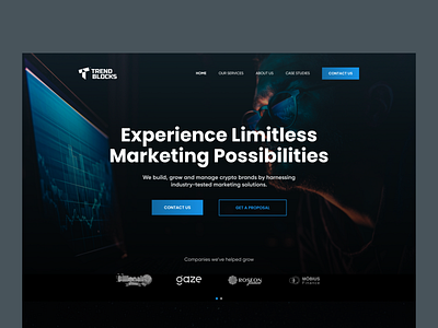 Trendblocks Landing Page Collection blockchain branding dark themed design illustration landing page logo ui ux vector